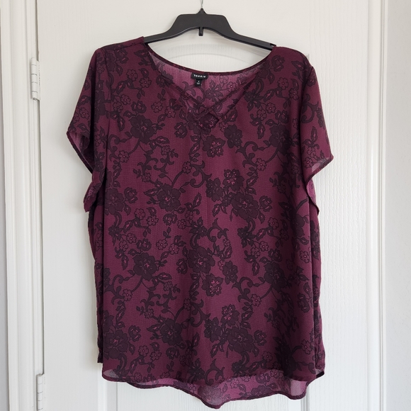 torrid Tops - Torrid Burgundy Lace Print Georgette Criss Cross Front Blouse